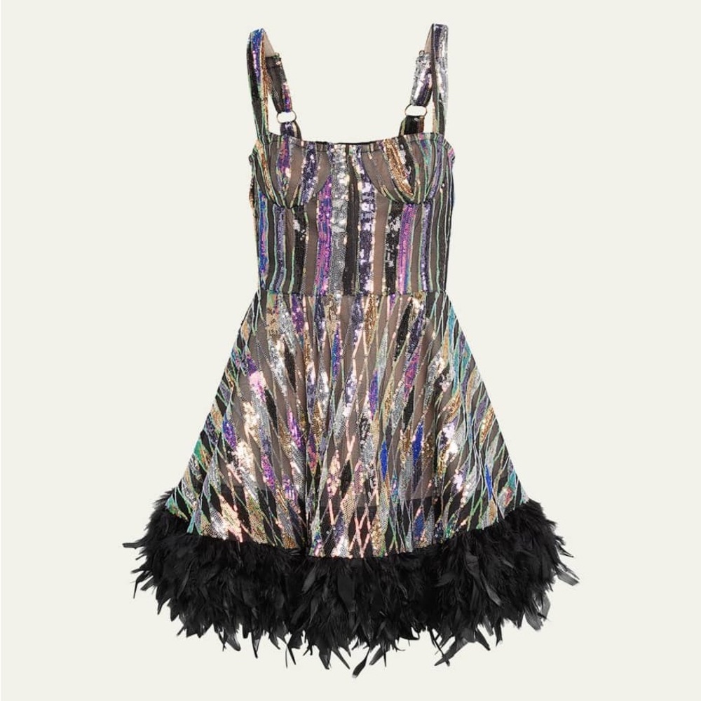 Mademoiselle Feather-Trim Sequin Mini Dress